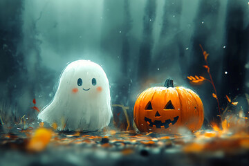 Funny ghost monster and spooky halloween Jack O Lantern pumpkin lantern , with evil face and eyes. Magic scary misty spirit night background. Holiday autumn background with place for text, copy space