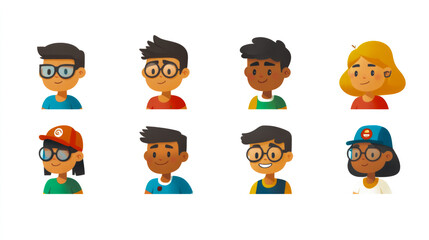 Illustration of diverse cartoon characters with distinct features and accessories, displayed in a grid layout, showcasing variety.