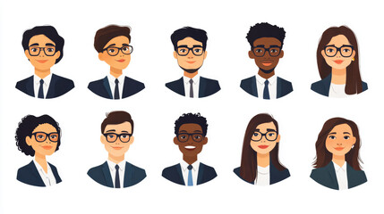 Ten professional avatars with glasses, symbolizing intelligence and style in formal attire, expressing diversity and confidence.