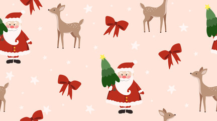 Christmas seamless pattern with santa and reindeer, background for Christmas and New Year card