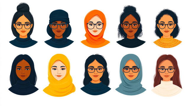 A refined array of avatars in elegant hijabs, combining cultural representation with modern style and sophistication.