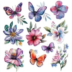 Watercolor Flowers & Butterfli