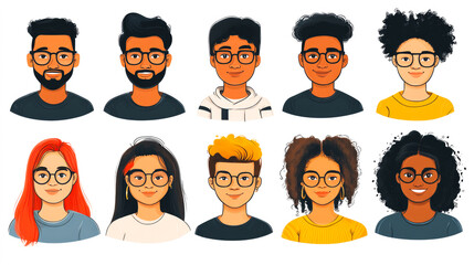A diverse selection of vector avatars wearing glasses in various artistic styles, emphasizing individuality and creativity.