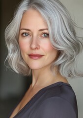 Naklejka premium A woman with short gray hair is smiling for the camera