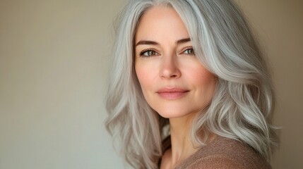 Naklejka premium A woman with long gray hair is smiling and looking at the camera