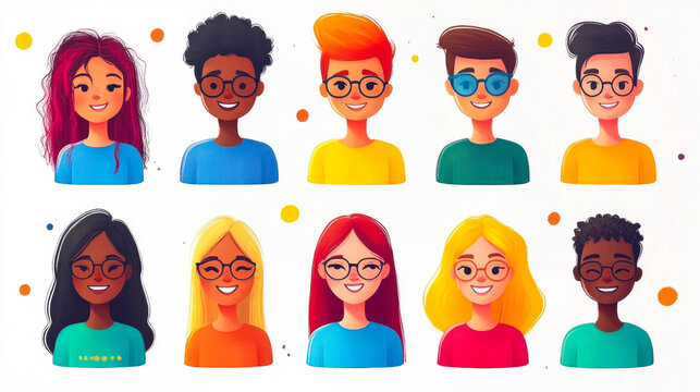 A colorful collection of cartoon avatars depicting diverse expressions and styles, showcasing a playful and imaginative theme.