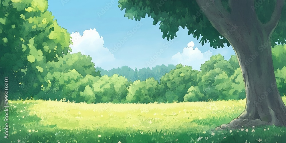 Poster Sunny day in a lush green forest.