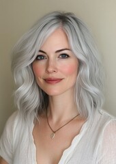Naklejka premium A woman with short gray hair is wearing a white shirt and a necklace