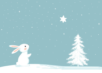 Vector illustration of cute baby bunny looking at Christmas star in the sky. Winter forest snowfall. Merry Christmas greeting card