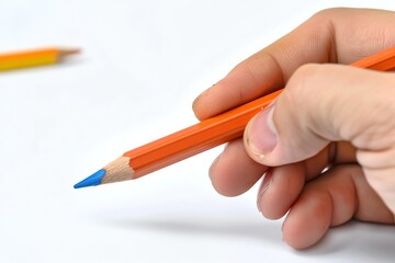 Close-up of a hand holding an orange colored pencil with a blue tip, illustrating creativity and drawing on a white background.