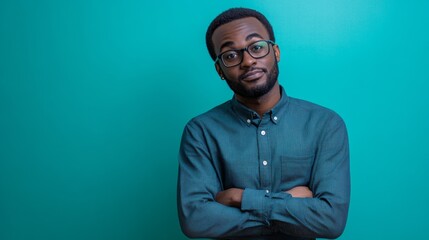 A man with glasses and a beard is standing in front of a blue wall