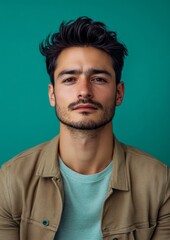 Obraz premium A man with a beard and mustache is wearing a tan jacket and a green shirt