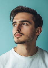 Fototapeta premium A man with a beard and a white shirt is looking at the camera