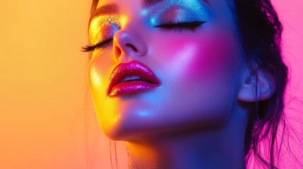 A woman with bright pink lips and purple eyeshadow