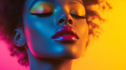 A woman with a colorful face and lips