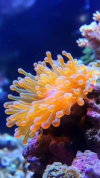 Glowing Orange Sea Anemone in a Vibrant Coral Reef Photo