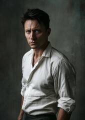 Fototapeta premium A man in a white shirt is standing in front of a wall