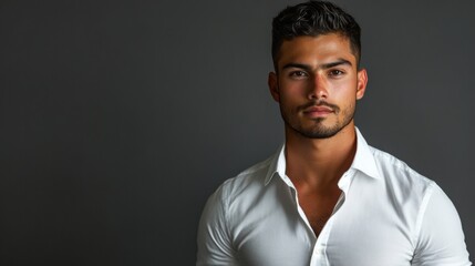 Obraz premium A man in a white shirt is standing in front of a gray background