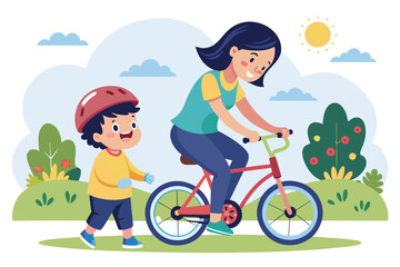 A mother encourages her excited son while he practices riding his bicycle in a vibrant outdoor park, Cute picture of a mom teaching her kid to ride a bike, simple drawing