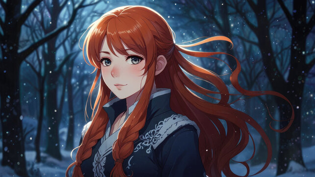 portrait of a cute anime girl with redheads hair against the backdrop of a snowy street. High quality photo