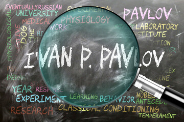 Ivan P. Pavlov being studied, examined - under close inspection. Most important subjects and ideas closely related to ivan p. pavlov. ,3d illustration