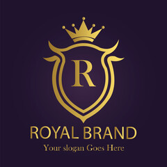 Letter R golden crown logo vector illustration.