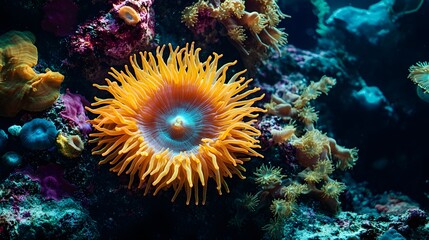 Naklejka premium A vibrant yellow sea anemone with tentacles outstretched against a dark blue background