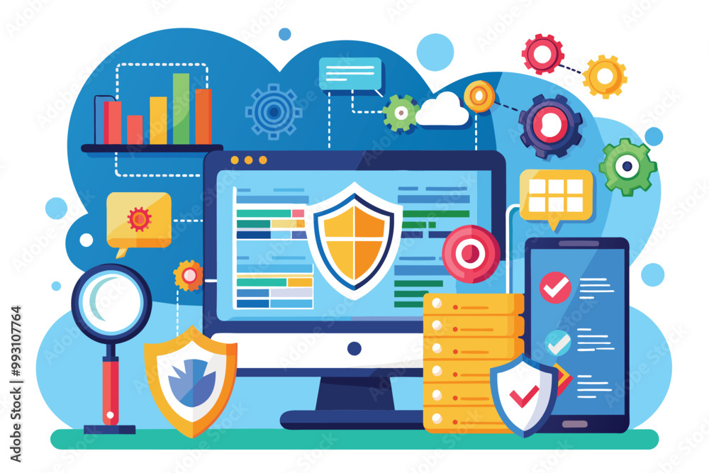 Poster this flat illustration features a computer and smartphone displaying cybersecurity data analysis too