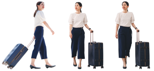 Adult asian businesswoman walking with luggage isolated cutout transparent background