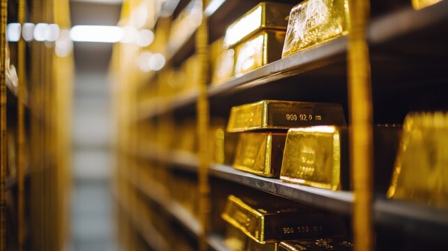 Gold bars being stacked in a vault, symbolizing financial security and wealth, gold vault, banking and security