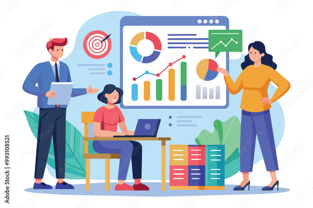 Poster a team discusses data analysis with charts and graphs displayed on a digital screen while seated, da