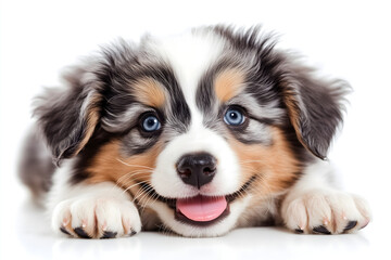Fototapeta premium australian shepherd young dog lying on its belly and looking directly; cute small puppy isolated on white background; studio shot