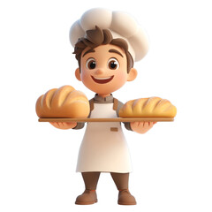 Cute 3D Cartoon Baker Character Holding Breads