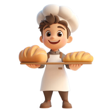 Naklejki Cute 3D Cartoon Baker Character Holding Breads