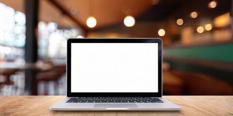 Fototapeta premium A mockup of a laptop with a blank screen on a wood table with a coffee cafe background is available for your text advertisement.