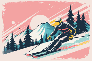 Dynamic Retro Ski Poster with Vibrant Mountain Landscape
