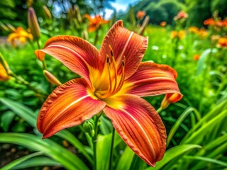 Obraz premium Vibrant lily blooms unfold gracefully, displaying rich colors that pop against a soothing green background,
