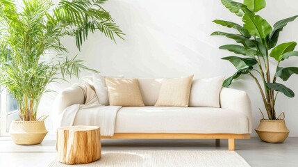 Modern Living Room with Green Plants and Cozy Sofa