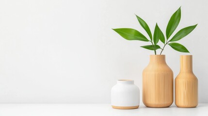 Elegant Vases with Green Leaves on Minimalist Background