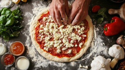 Hands Preparing Fresh Pizza Dough with Ingredients