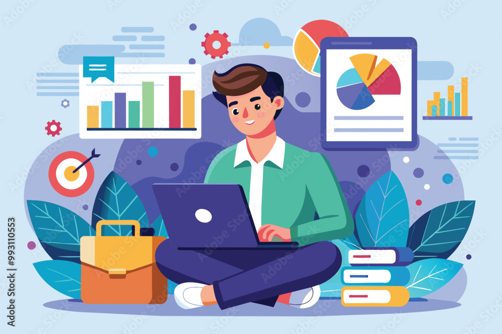 Poster a data analyst is engaged with documents, analyzing charts and graphs in a vibrant workspace, data a