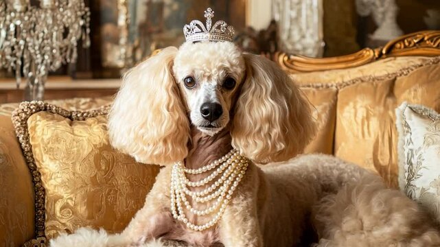 Elegant poodle wearing a crown and pearls lounges on an ornate couch in a lavish interior setting during daylight