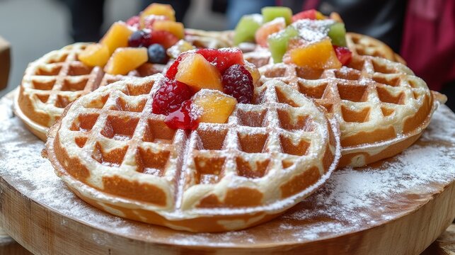 Delicious Belgian Waffles with Fruit Topping Being Served by Street Vendor with Dusting of Powdered Sugar