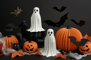 Halloween decorations arranged matte black background Glowing orange pumpkins black bats spider webs stretch across scene Ghost figurines float foreground casting soft shadows Spooky clean composition