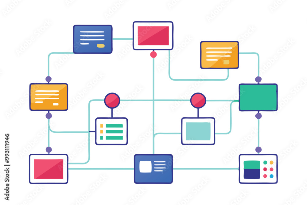 Poster a colorful data flowchart displays various interconnected components and steps in a process, data fl