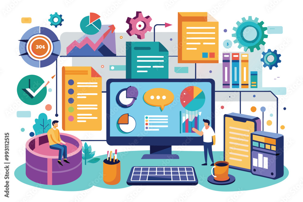 Poster professionals engage in data input activities, analyzing trends with graphs and collaborative visual