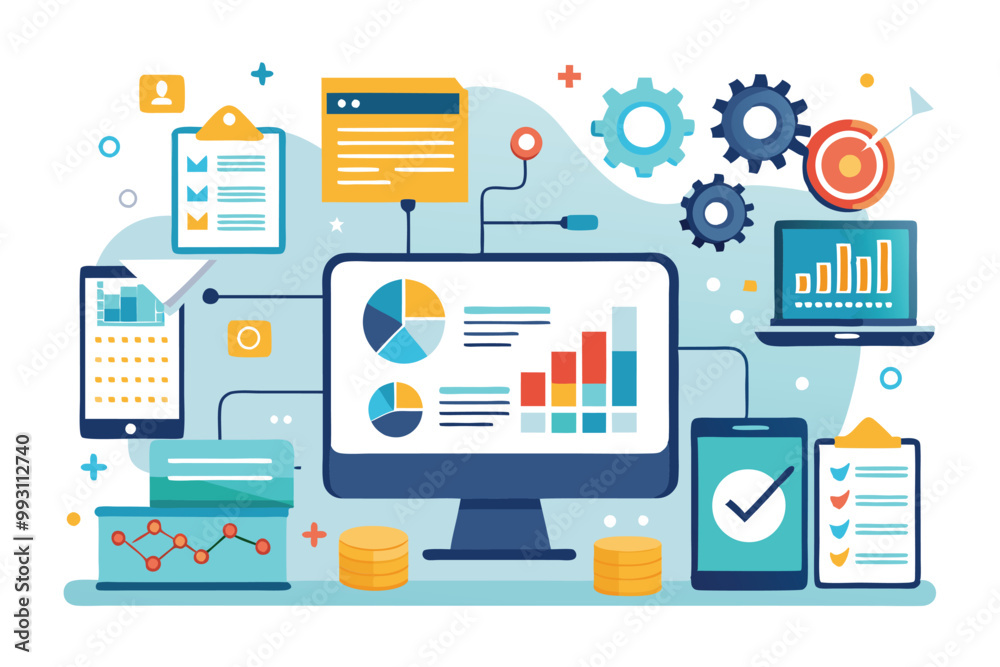 Poster analytics data input is visualized through various devices and charts showcasing current trends in d