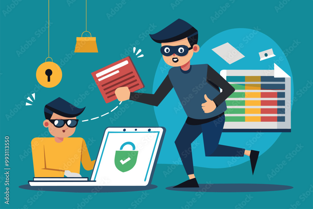 Poster a hacker is stealing data from a computer while another person unknowingly works nearby, data theft,