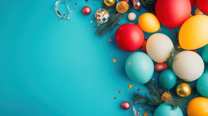 Colorful Festive Balloons and Decorations on a Blue Background for Celebrations and Parties