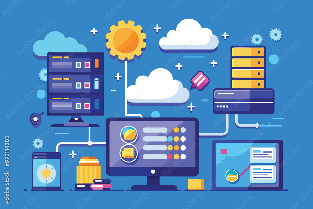 Poster illustration showcasing a database management system for web hosting with servers, clouds, and scree